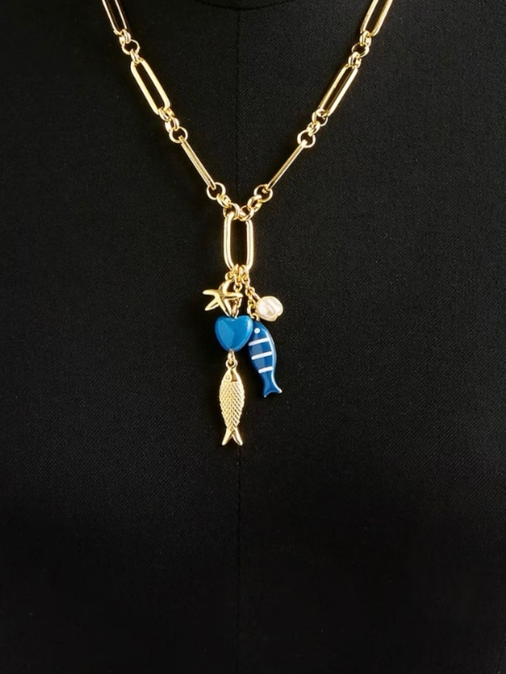 Gold-Tone Charm Necklace with Blue Fish and Heart Charms 🐠💙 - Picture 4 of 4